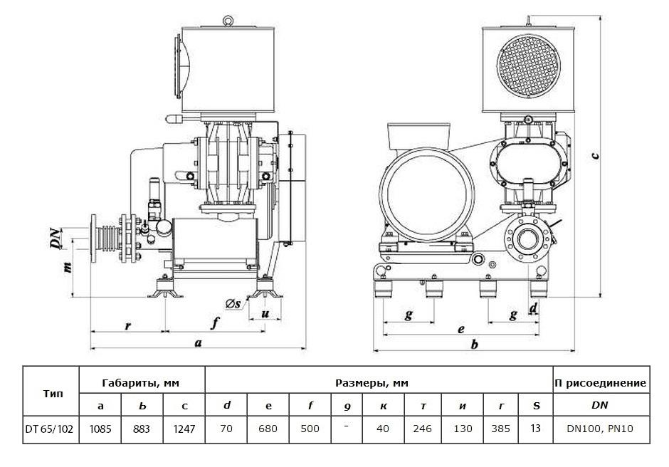Габаритный чертеж воздуходувки DT 65/102 (800)