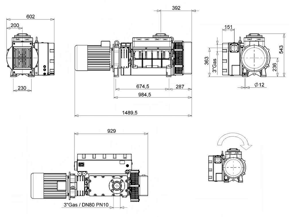 Габаритный чертеж масляного вакуумного насоса PVL 540