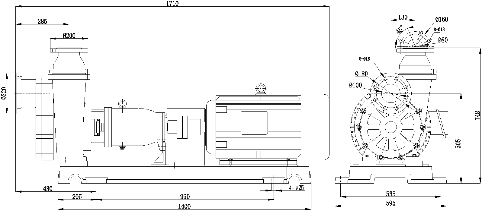 Габаритный чертеж модели ZY Technology 100FZB-45L_450