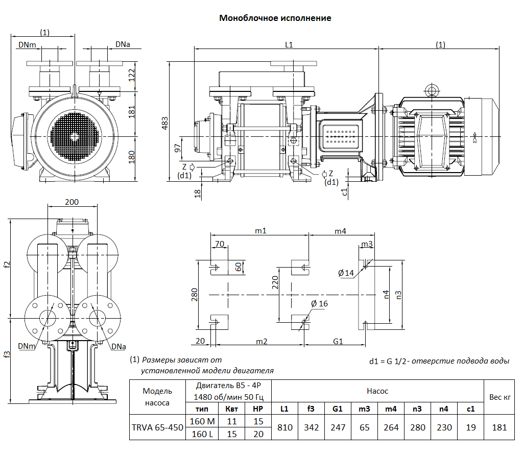 Габаритный чертеж вакуумного насоса Pompetravaini TRVA 65-450 F
