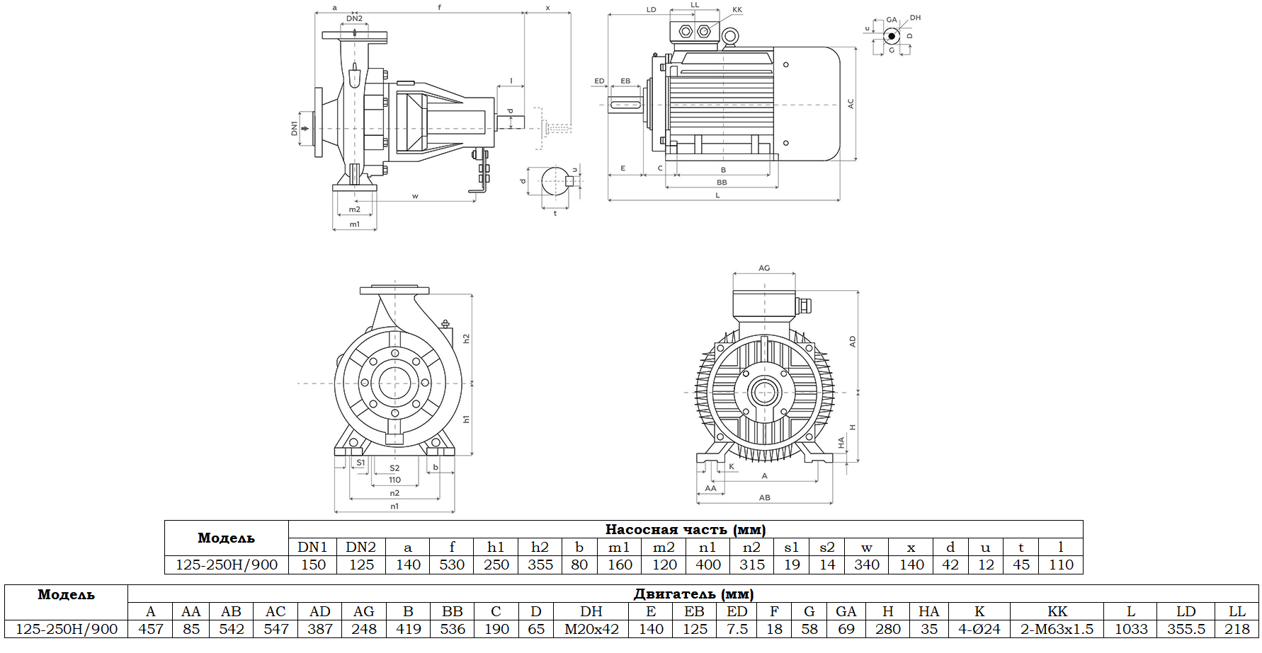 Габаритный чертеж модели Zenova SENSA 125-250H/900
