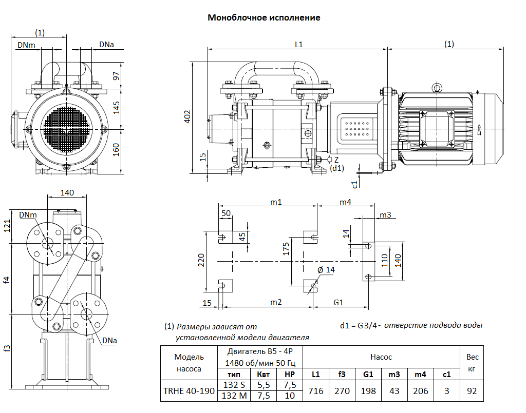 Габаритный чертеж вакуумного насоса Pompetravaini TRHE 40-190 F