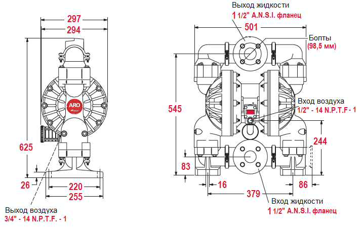 Габаритный чертеж насоса ARO Pro 6661T3-3EB-C