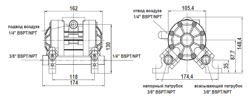 Габаритный чертеж насоса MK06PP-KV/TF/TF/KV