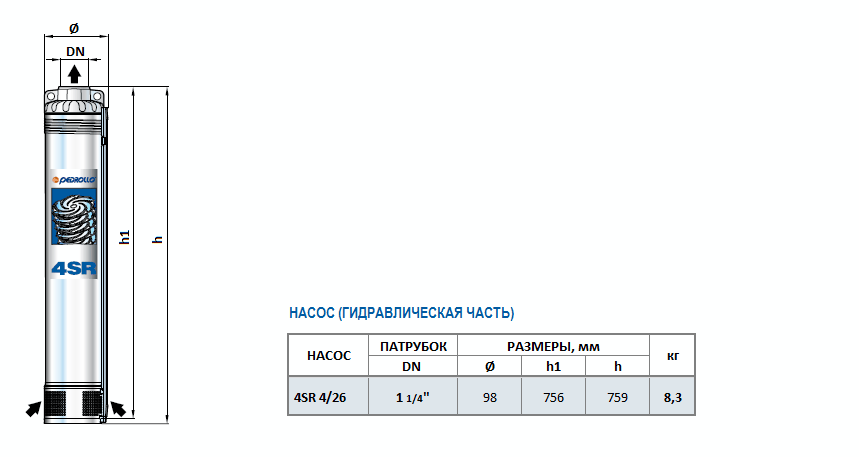 Габаритный чертеж насоса Pedrollo 4SR 4/26