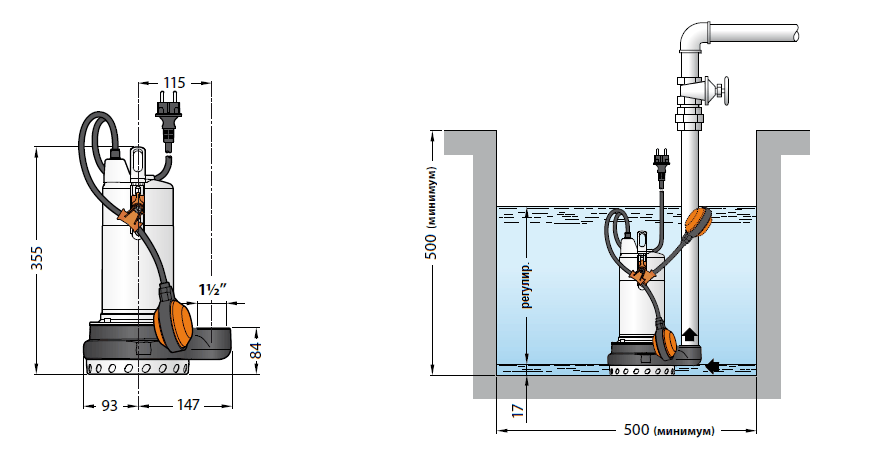 Габаритный чертеж и схема монтажа погружного дренажного насоса Pedrollo Dm 30