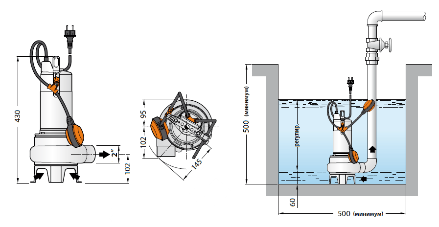 Габаритный чертеж и схема монтажа Pedrollo VXm 10/50-ST