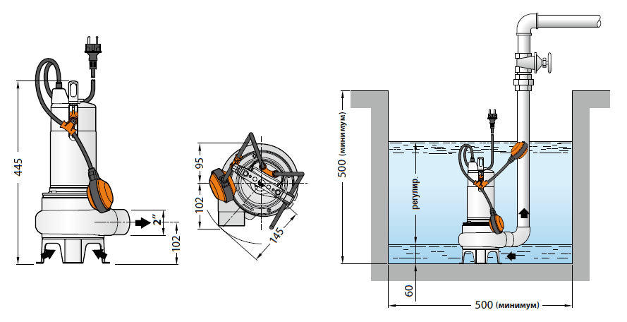 Габаритный чертеж и схема установки Pedrollo BCm 15/50-ST