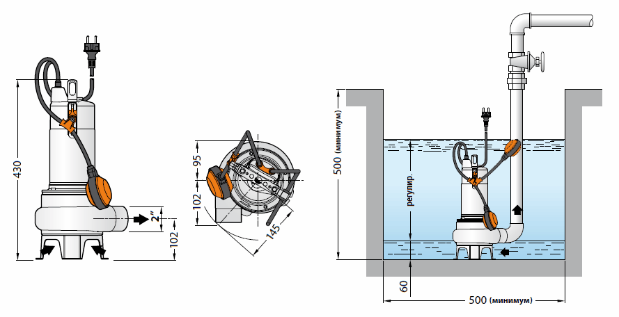 Габаритный чертеж и схема установки Pedrollo BCm 10/50-ST