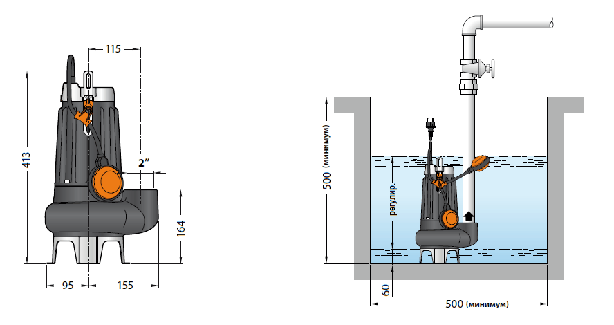 Габаритный чертеж и схема установки Pedrollo MC 10/45