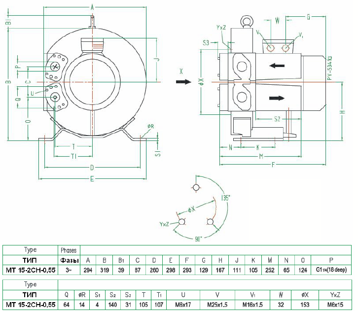 Габаритный чертеж воздуходувки MT 15-2CH-0,55