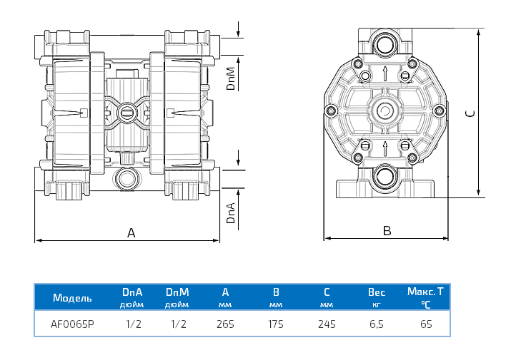 Габаритный чертеж насоса Duotek AF0065P