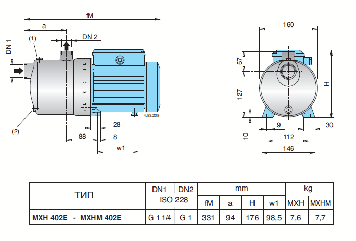 Габаритный чертеж насоса Calpeda MXHM 402E