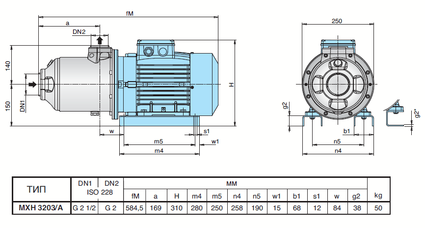 Габаритный чертеж насоса Calpeda MXH 3203/A