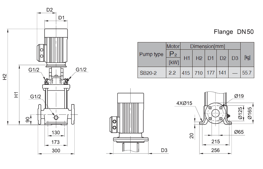 Габаритный чертеж насоса Stairs SB 20-2