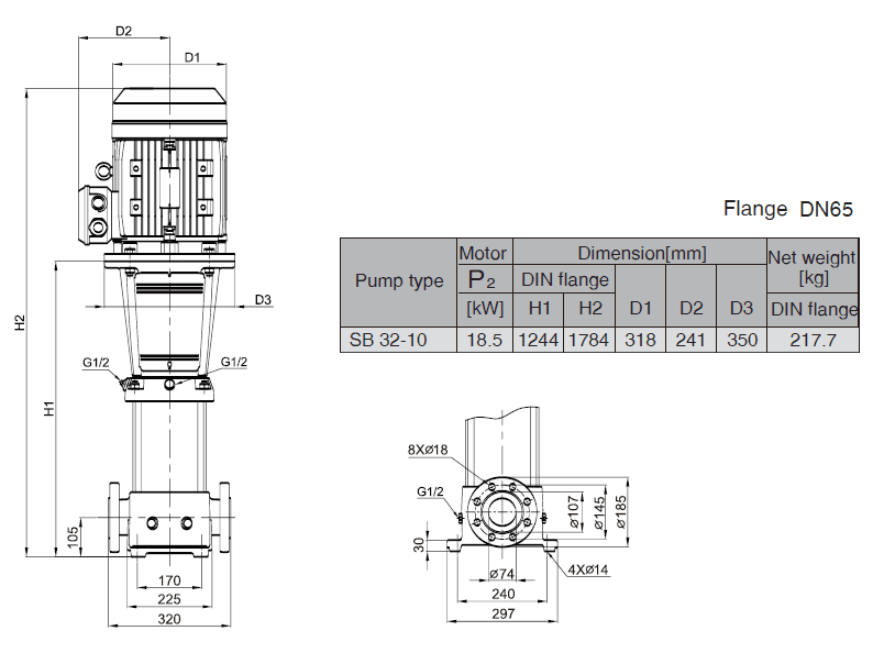 Габаритный чертеж насоса Stairs SB 32-10