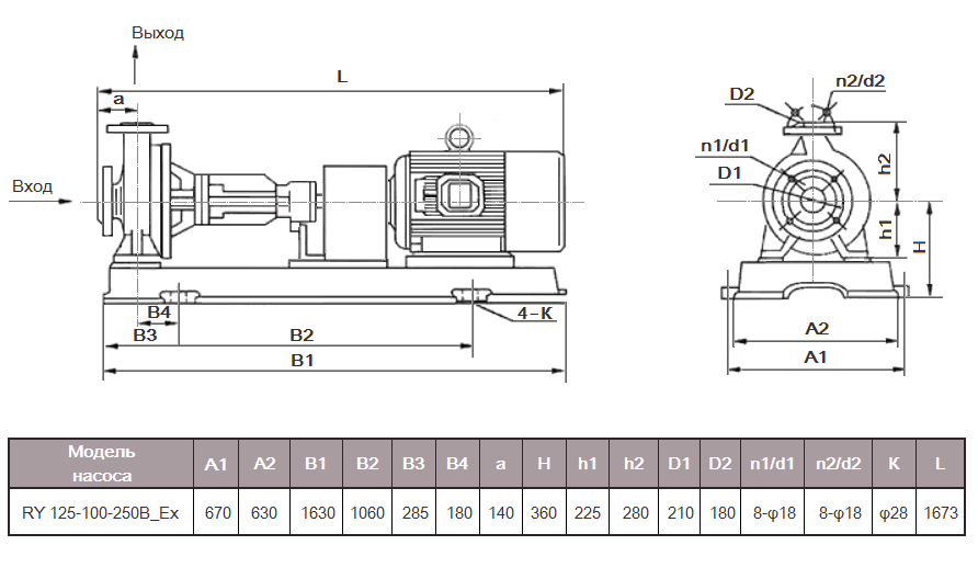 Габаритный чертеж насоса RY 125-100-250B_Ex