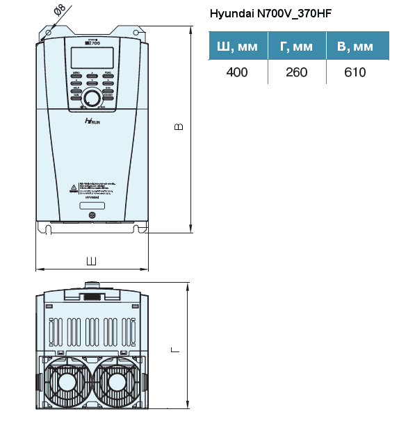 Габариты частотного преобразователя Hyundai N700V_370HF