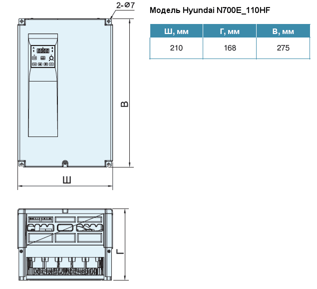 Габаритный чертеж преобразователя частоты Hyundai N700E_110HF