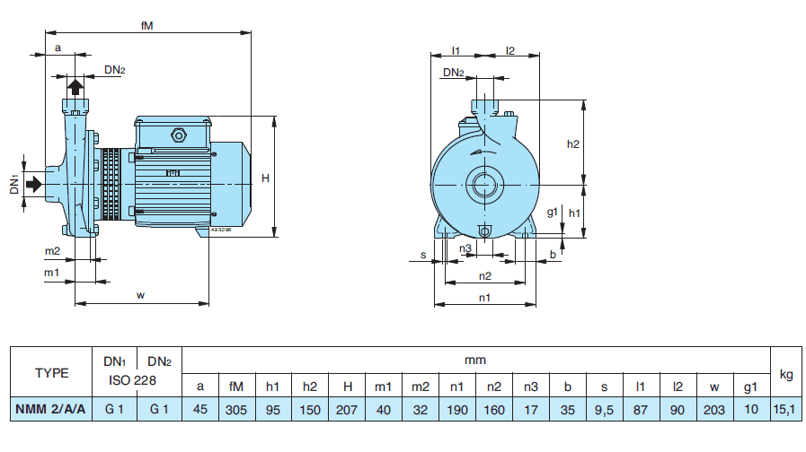 Габаритный чертеж насоса Calpeda NMM 2/A/A