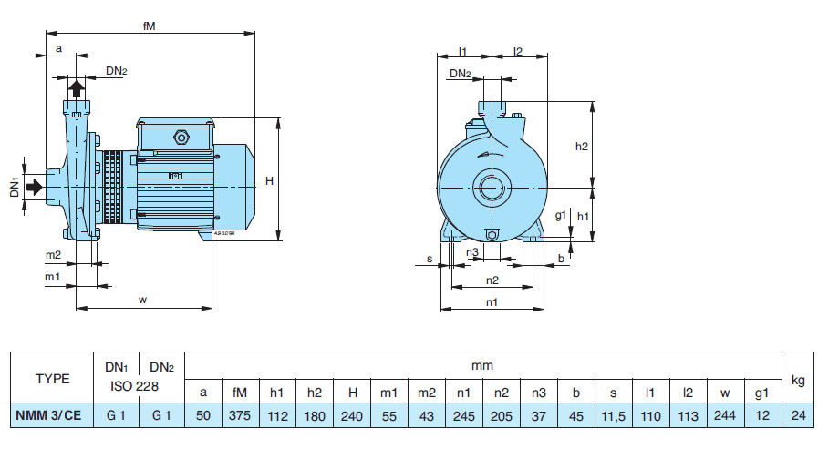 Габаритный чертеж насоса Calpeda NMM 3/CE