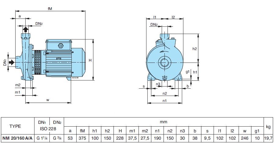 Габаритный чертеж насоса Calpeda NM 20/160A/A