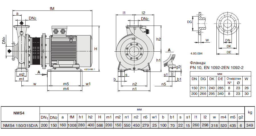 Габаритный чертеж насоса Calpeda NMS4 150/315D/A