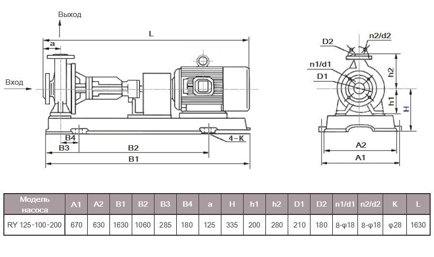 Габаритный чертеж насоса ZY Technology RY 125-100-200