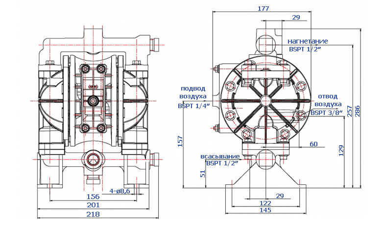 Габаритный чертеж насоса Yamada G15PS