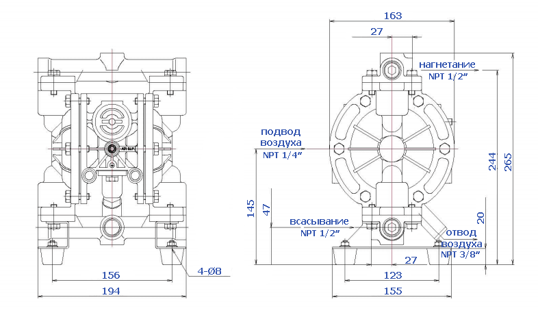 Габаритный чертеж насоса Yamada G15AH