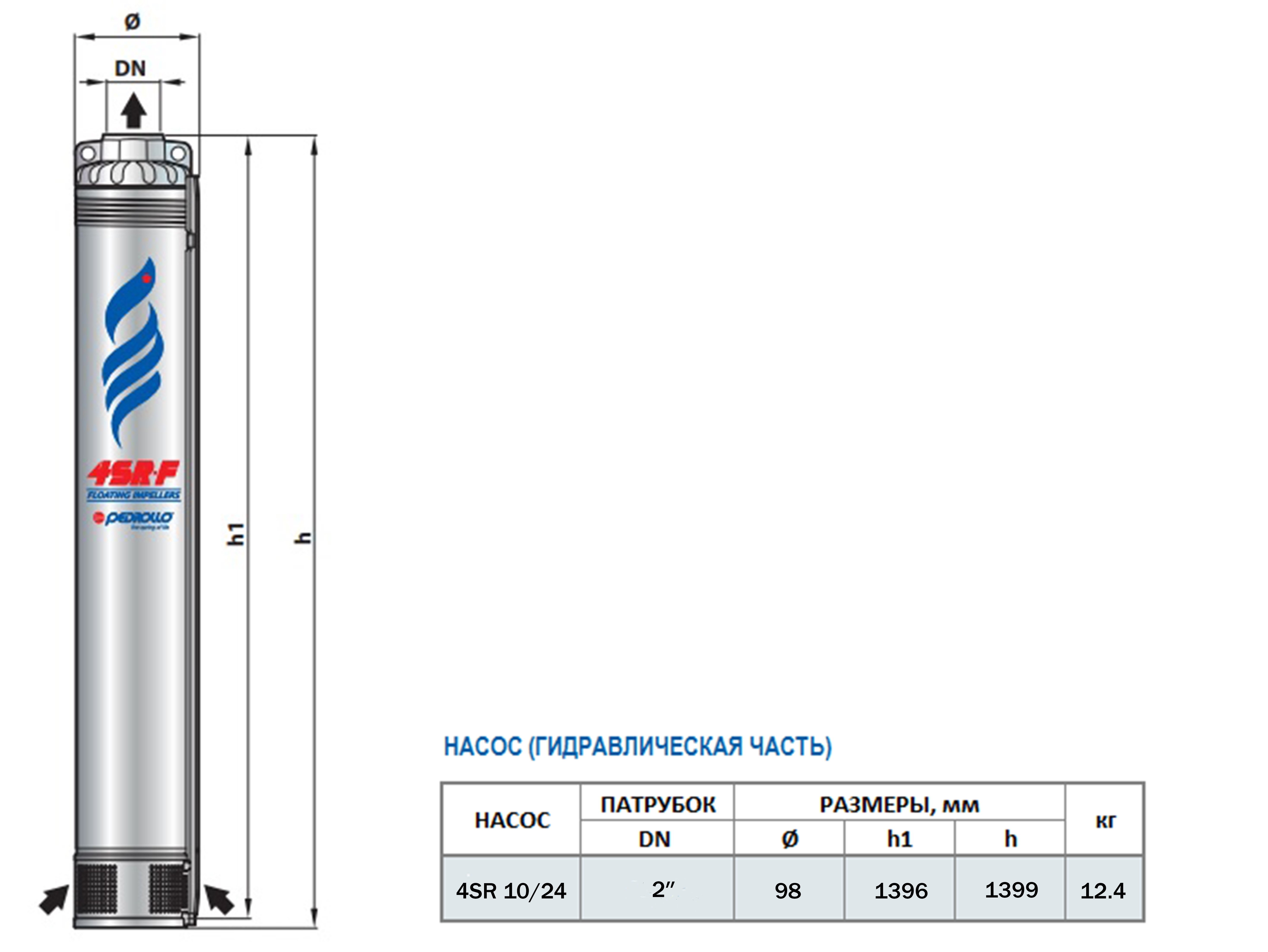 Габаритный чертеж насоса Pedrollo 4SR 10/24