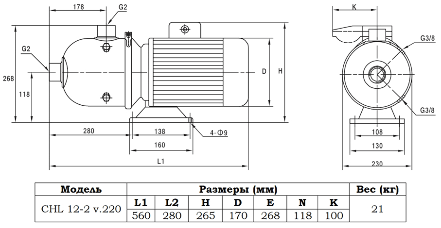 Габаритный чертеж модели CHL 12-2 v.220