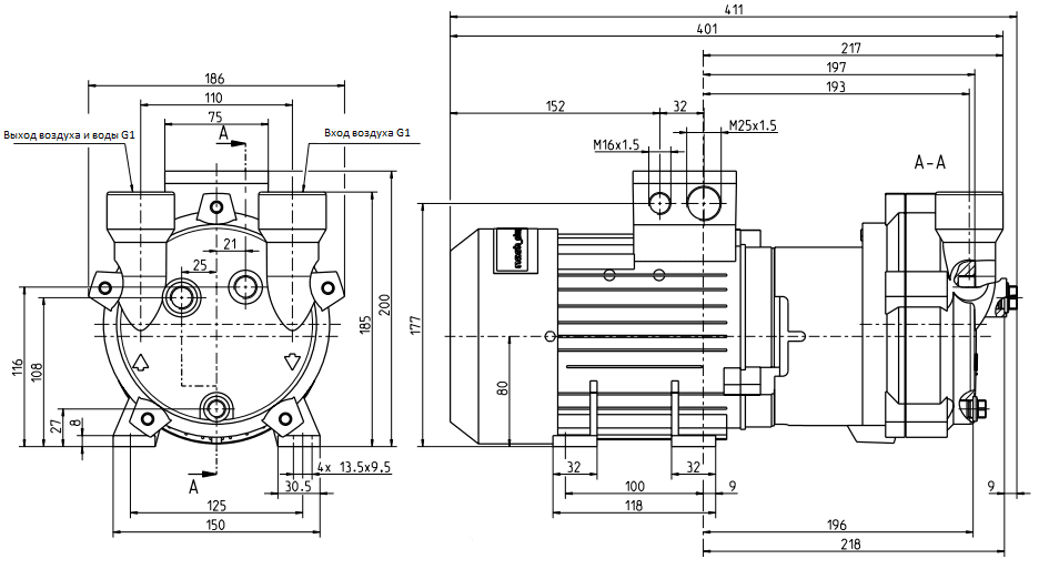 Габаритный чертеж насоса Elmo Rietschle 2BV2 060