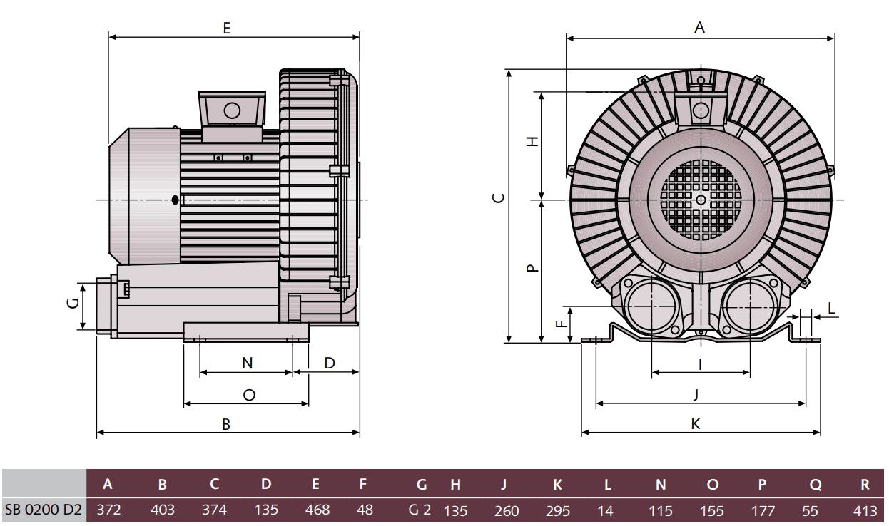 Габаритный чертеж воздуходувки Busch SB 0200 D2