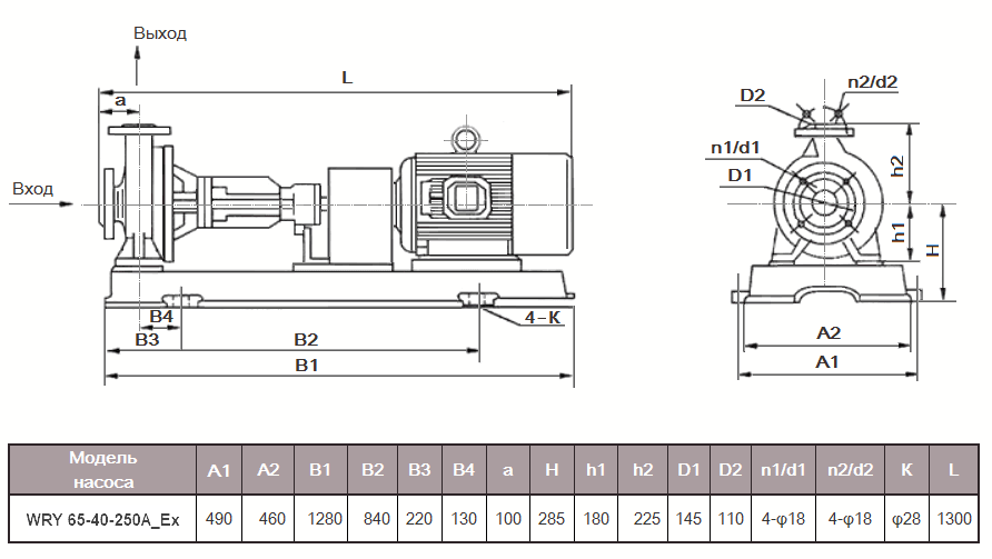 Габаритный чертеж модели WRY 65-40-250A_Ex