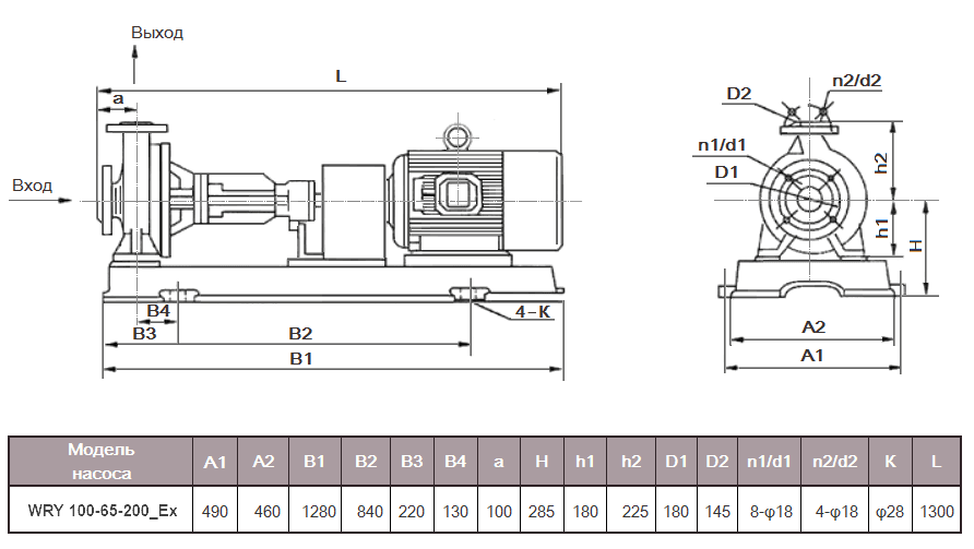 Габаритный чертеж модели WRY 100-65-200_Ex