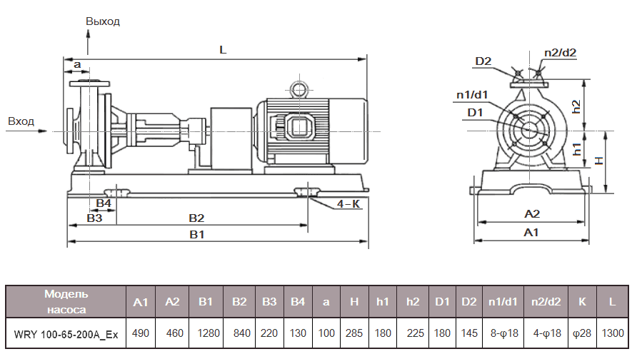 Габаритный чертеж модели WRY 100-65-200A_Ex