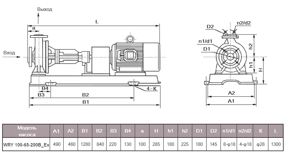Габаритный чертеж модели WRY 100-65-200B_Ex