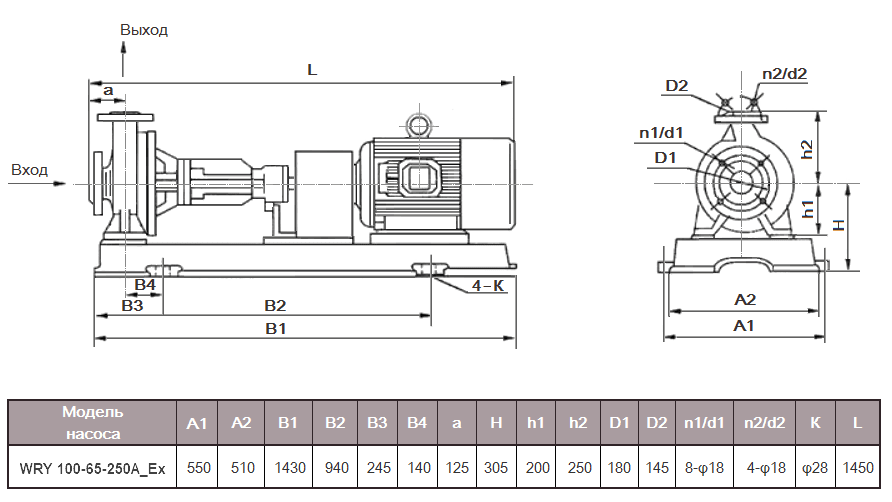 Габаритный чертеж модели WRY 100-65-250A_Ex