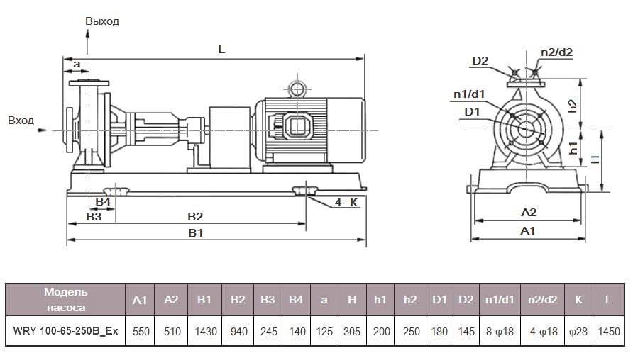 Габаритный чертеж модели WRY 100-65-250B_Ex