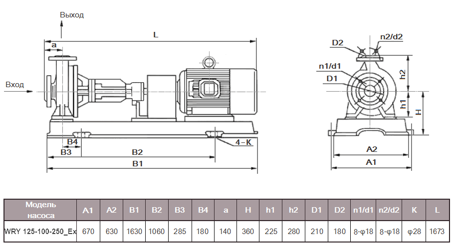 Габаритный чертеж модели WRY 125-100-250_Ex