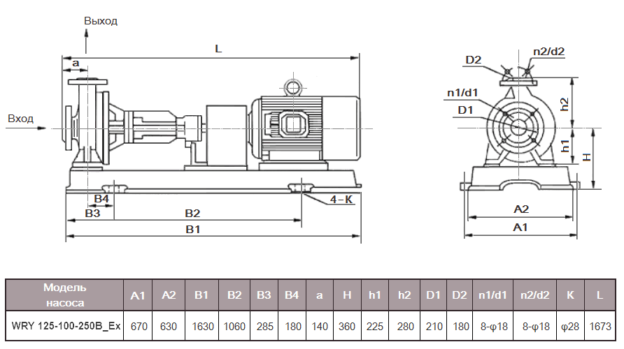 Габаритный чертеж модели WRY 125-100-250B_Ex