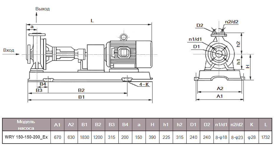 Габаритный чертеж модели WRY 150-150-200_Ex