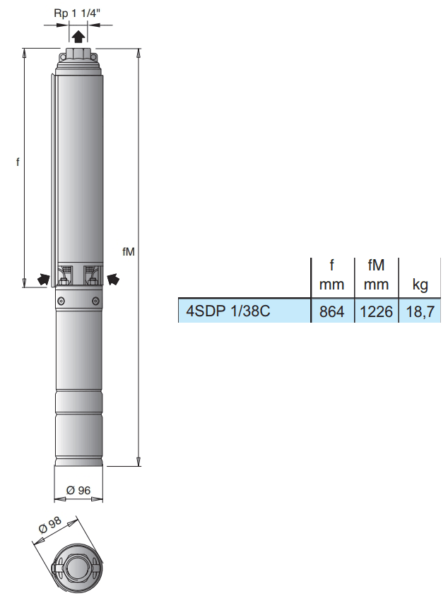 Габаритный чертеж насоса Calpeda 4SDP 1/38