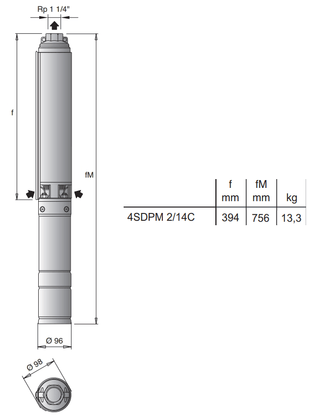 Габаритный чертеж насоса Calpeda 4SDPM 2/14