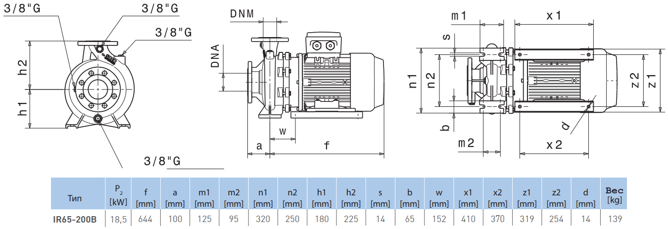 Габаритный чертеж насоса Saer IR65-200 B