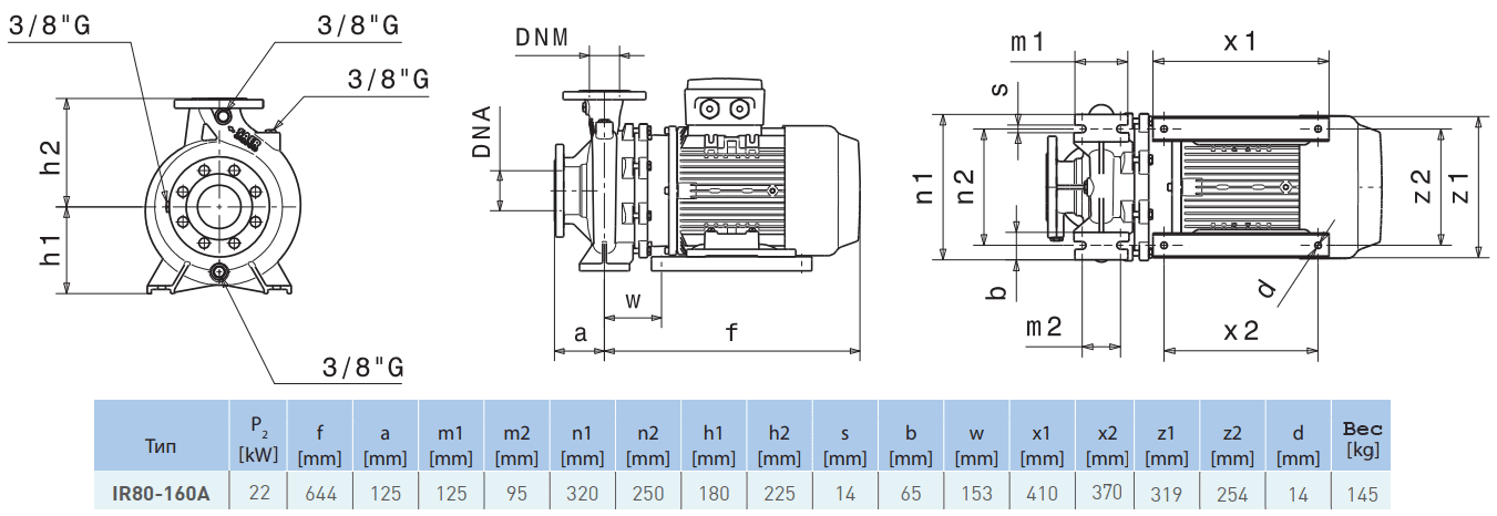 Габаритный чертеж насоса Saer IR80-160 A