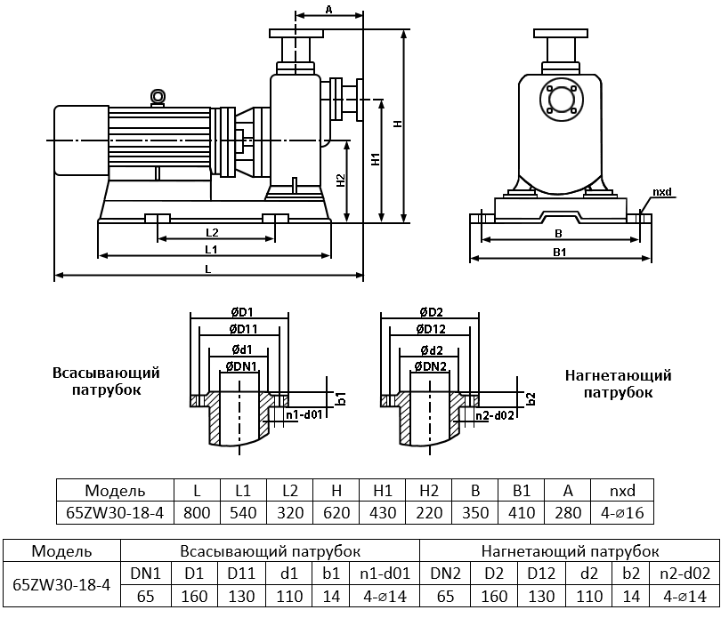Габаритный чертеж самовсасывающего дренажного насоса ZY Drain 65ZW30-18-4