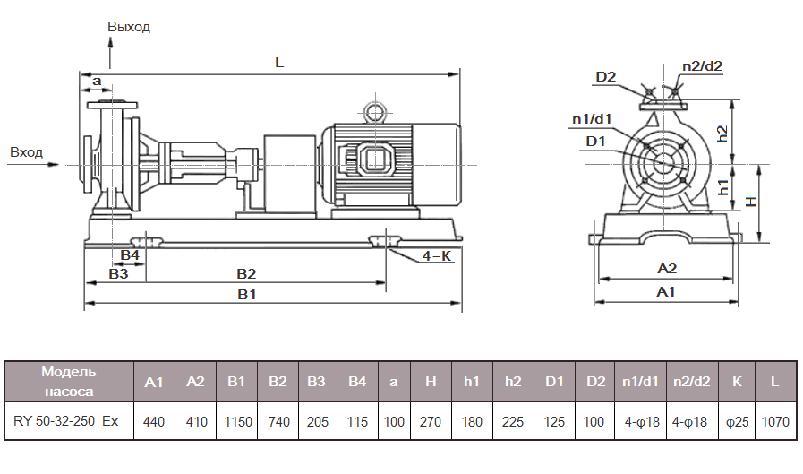 Габаритный чертеж модели RY 50-32-250_Ex