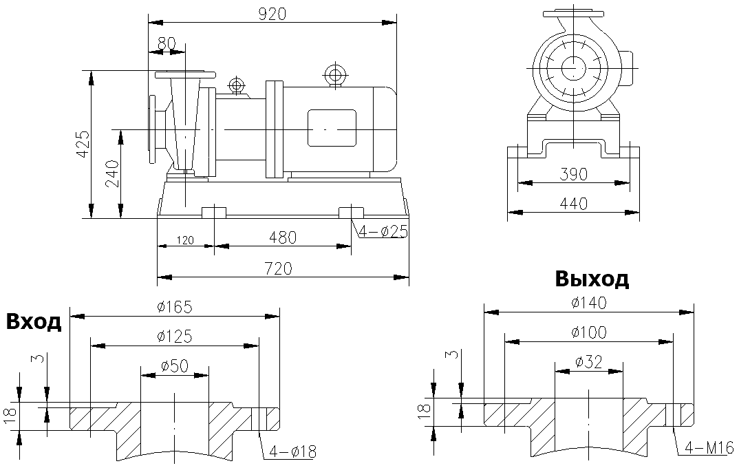 Габаритный чертеж модели CQB 50-32-200-Nd-PPS-110